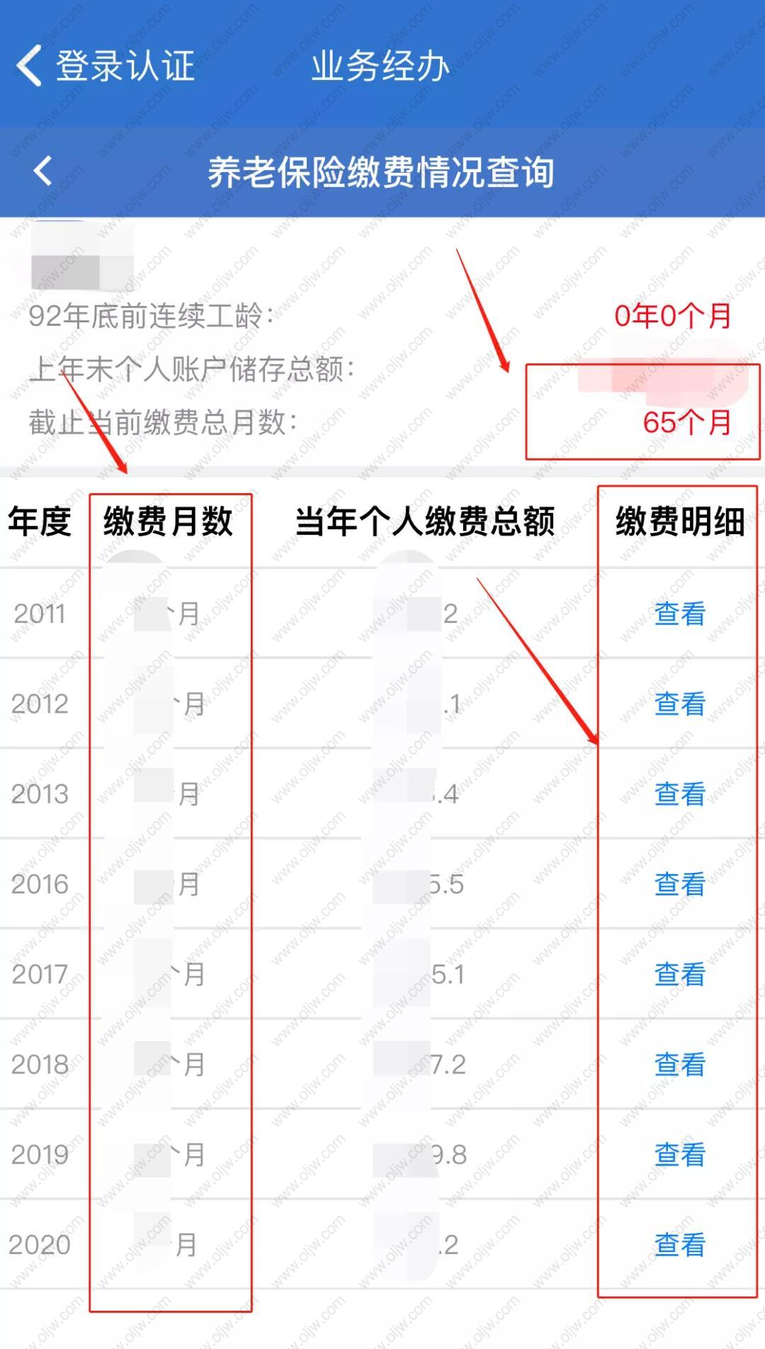 可以看到截止到2021年的總共繳納月份，以及下面詳細(xì)的每年繳納的月份