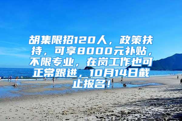 胡集限招120人，政策扶持，可享8000元補(bǔ)貼，不限專業(yè)，在崗工作也可正常跟進(jìn)，10月14日截止報(bào)名！